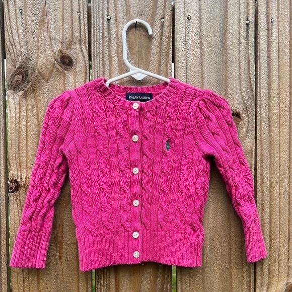 Ralph Lauren Girls Pink Preppy Cable Knit Long Sleeve Button Up Cardigan 2 2T - Picture 1 of 13